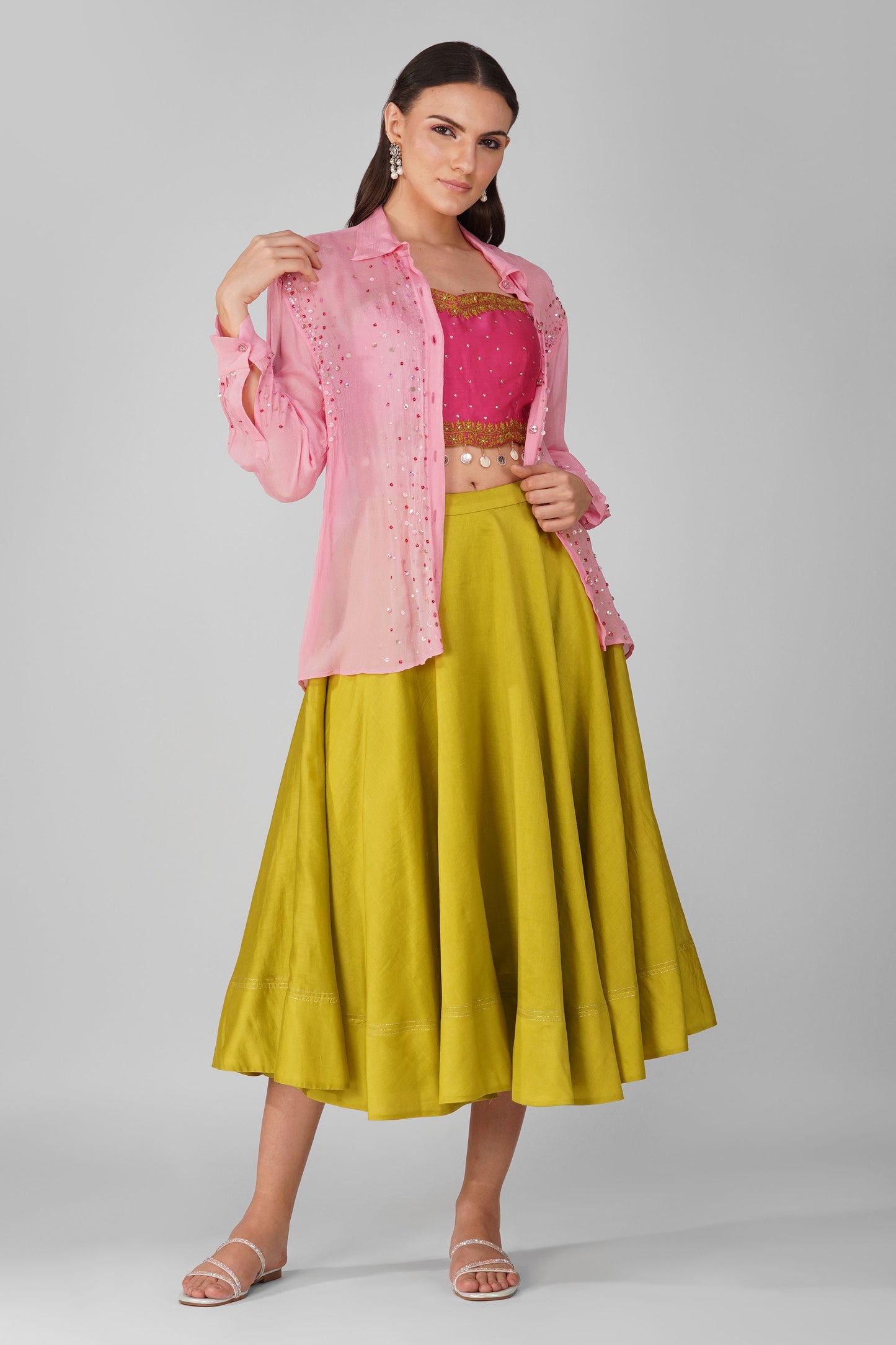 Flower Border Cropped Top and Skirt Set