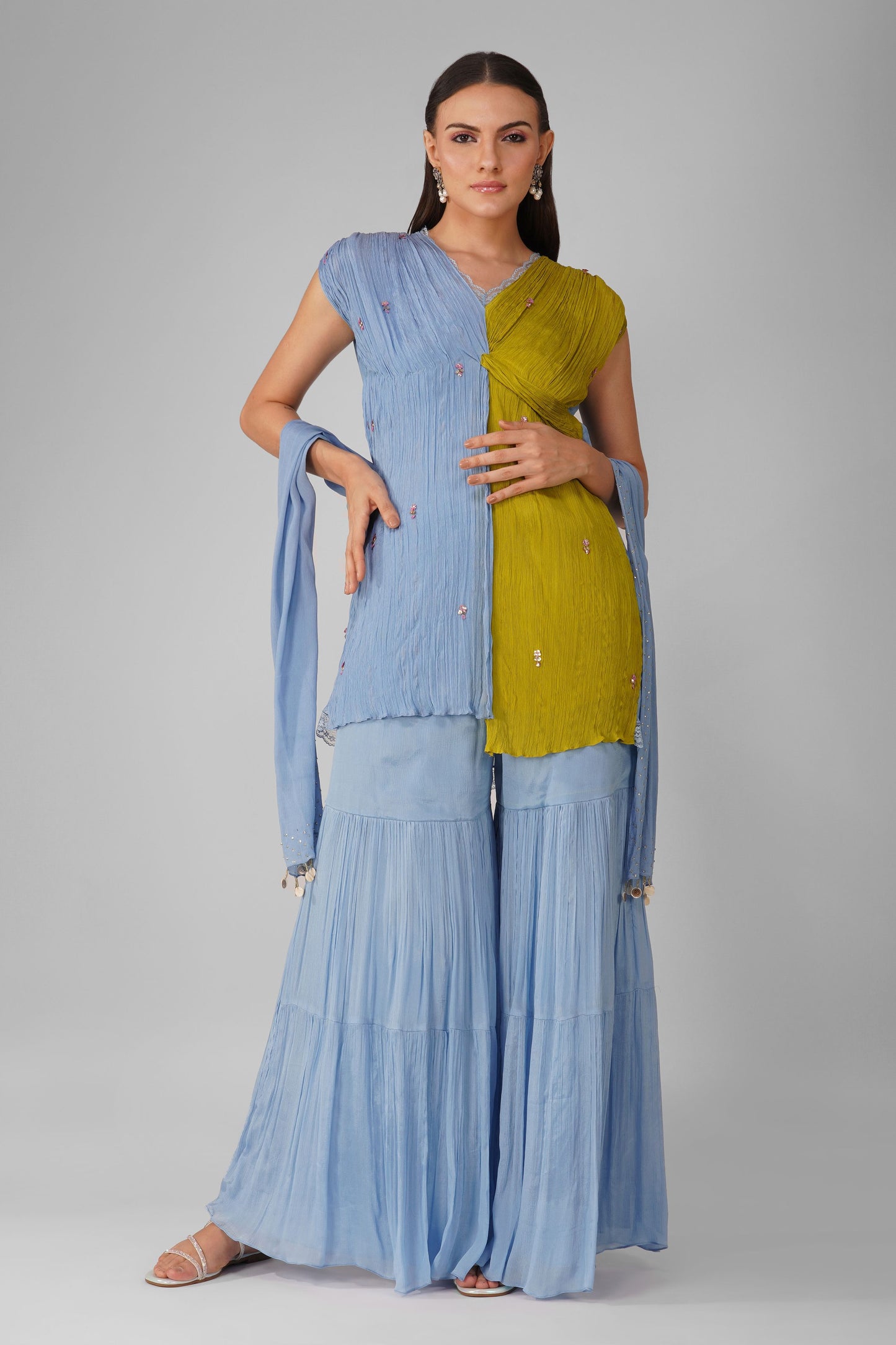 Cosmic Flower Knotted Kurta and Garara Set
