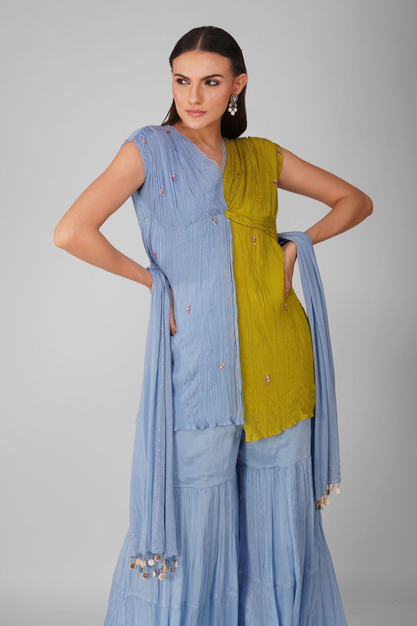 Cosmic Flower Knotted Kurta and Garara Set