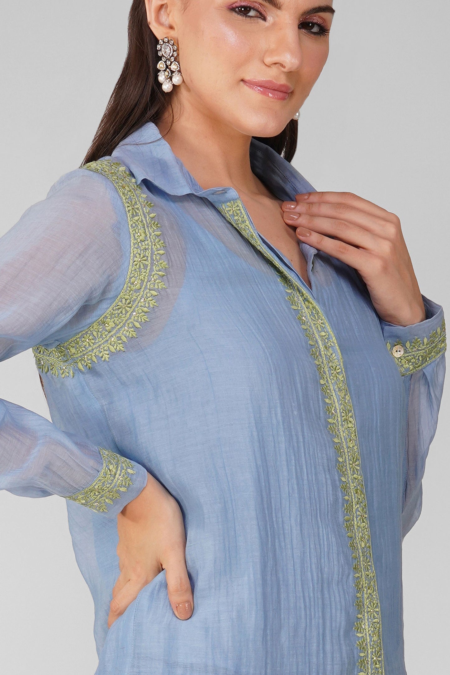 Flower Border Blue Shirt