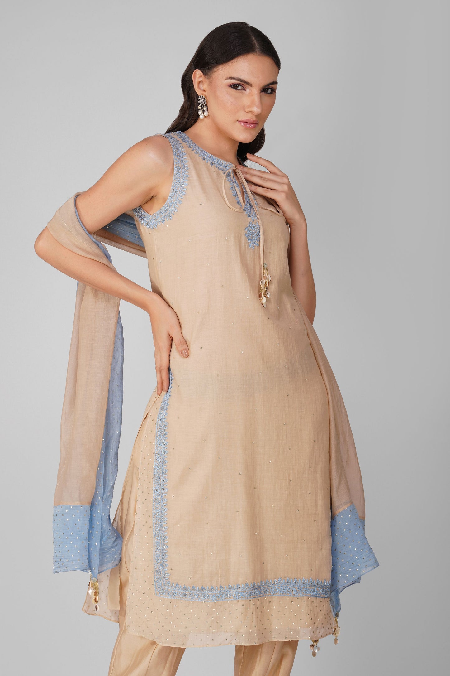 Starry Flower Border Kora Kurta Set