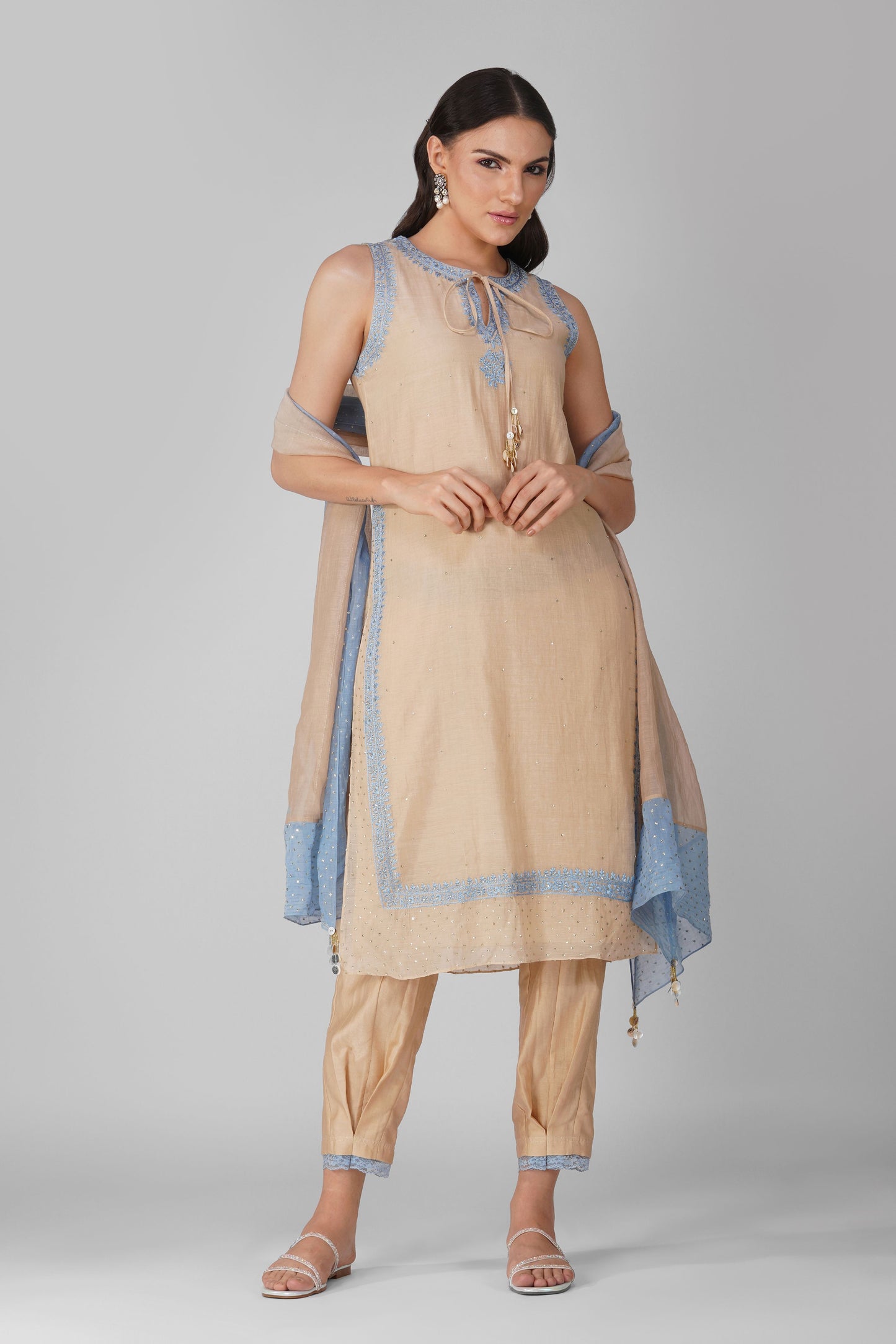 Starry Flower Border Kora Kurta Set