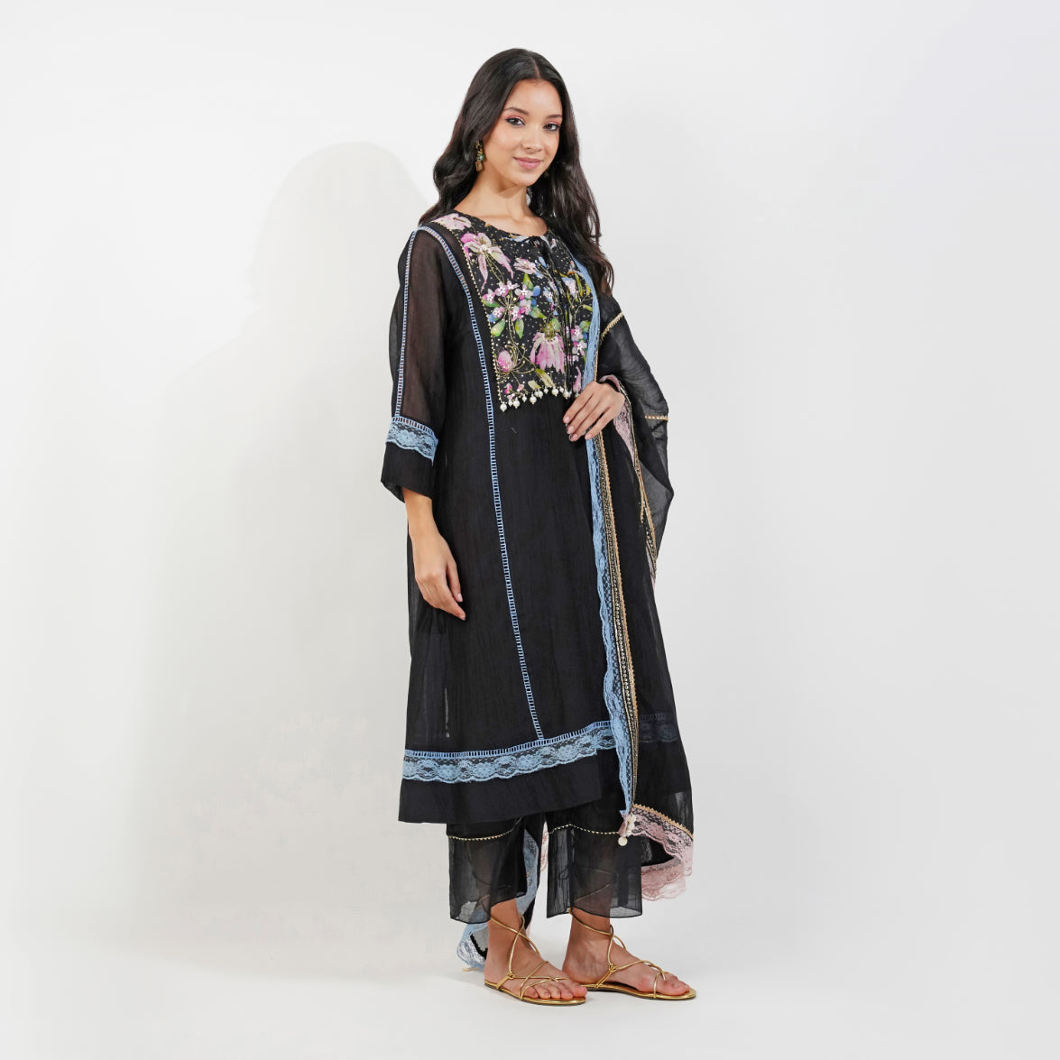Summer Floral Panelled kurta set-Black