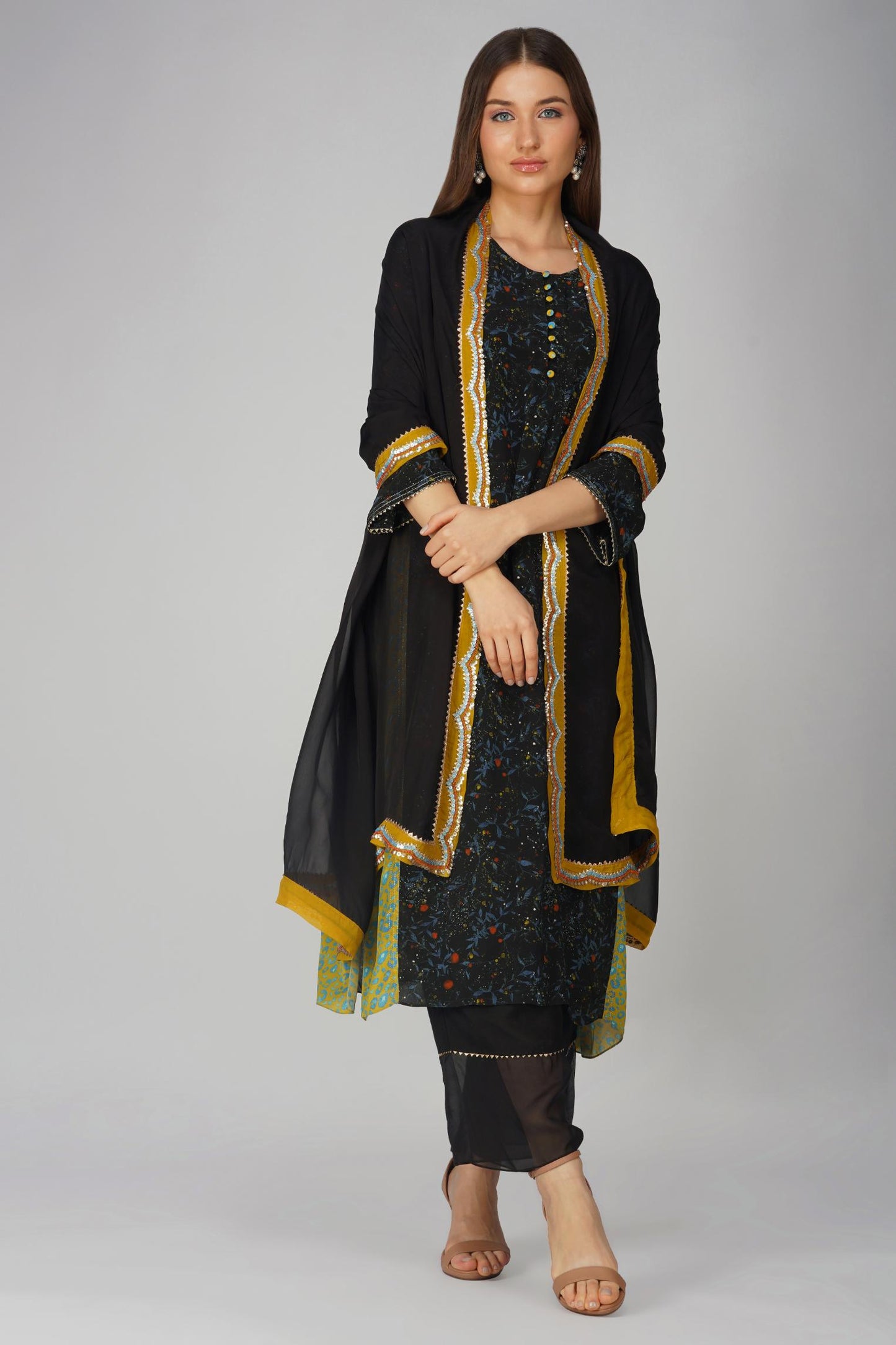 SMALL LEAF PRINT PANELLED KURTA SET