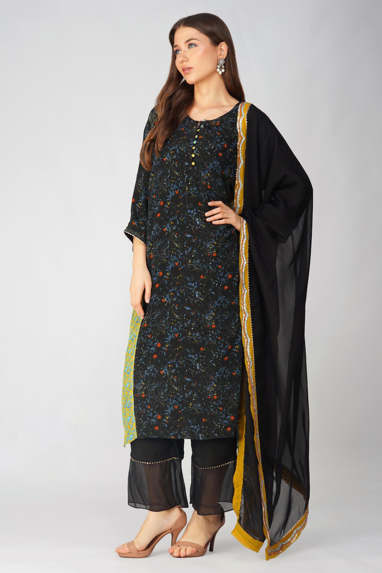 SMALL LEAF PRINT PANELLED KURTA SET