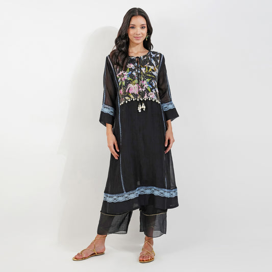 Summer Floral Panelled kurta set-Black