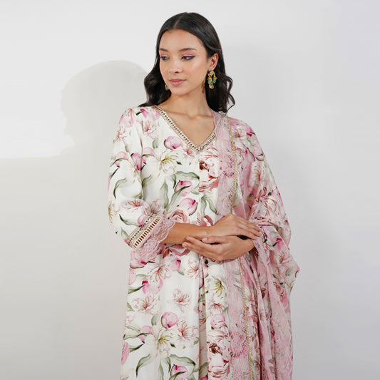 vintage Floral Kurta Set-Ivory