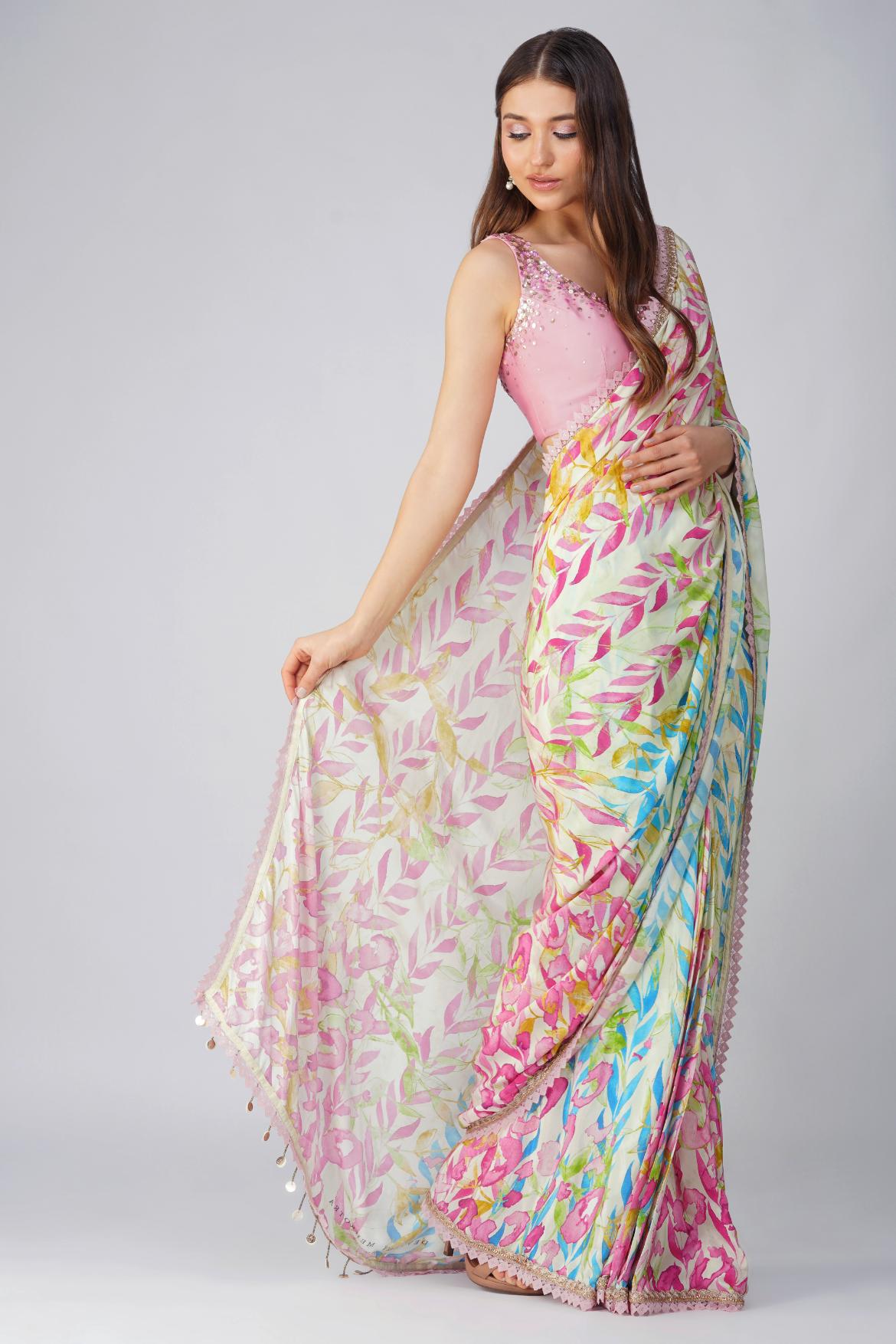 LEAF PRINT PRE-STITCHED SAREE SET