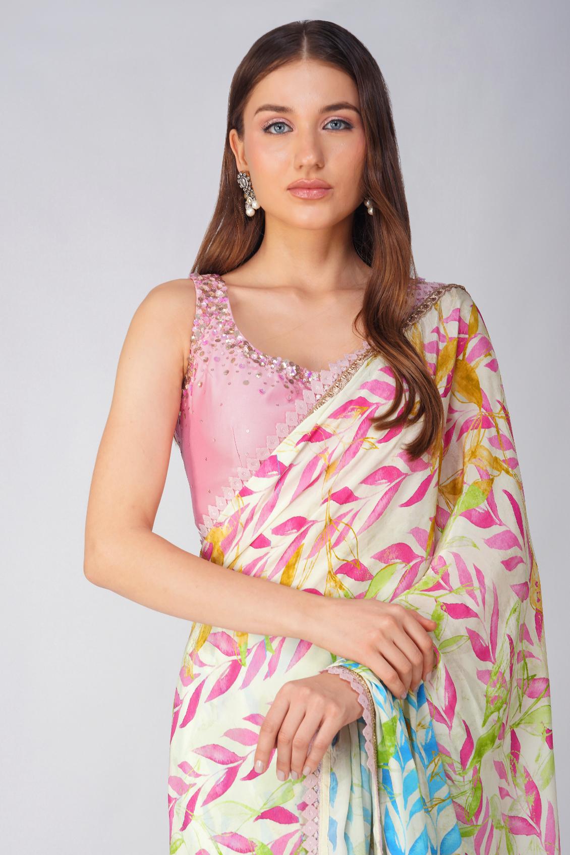 LEAF PRINT PRE-STITCHED SAREE SET