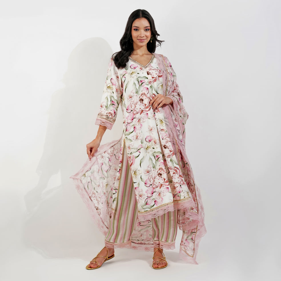 vintage Floral Kurta Set-Ivory