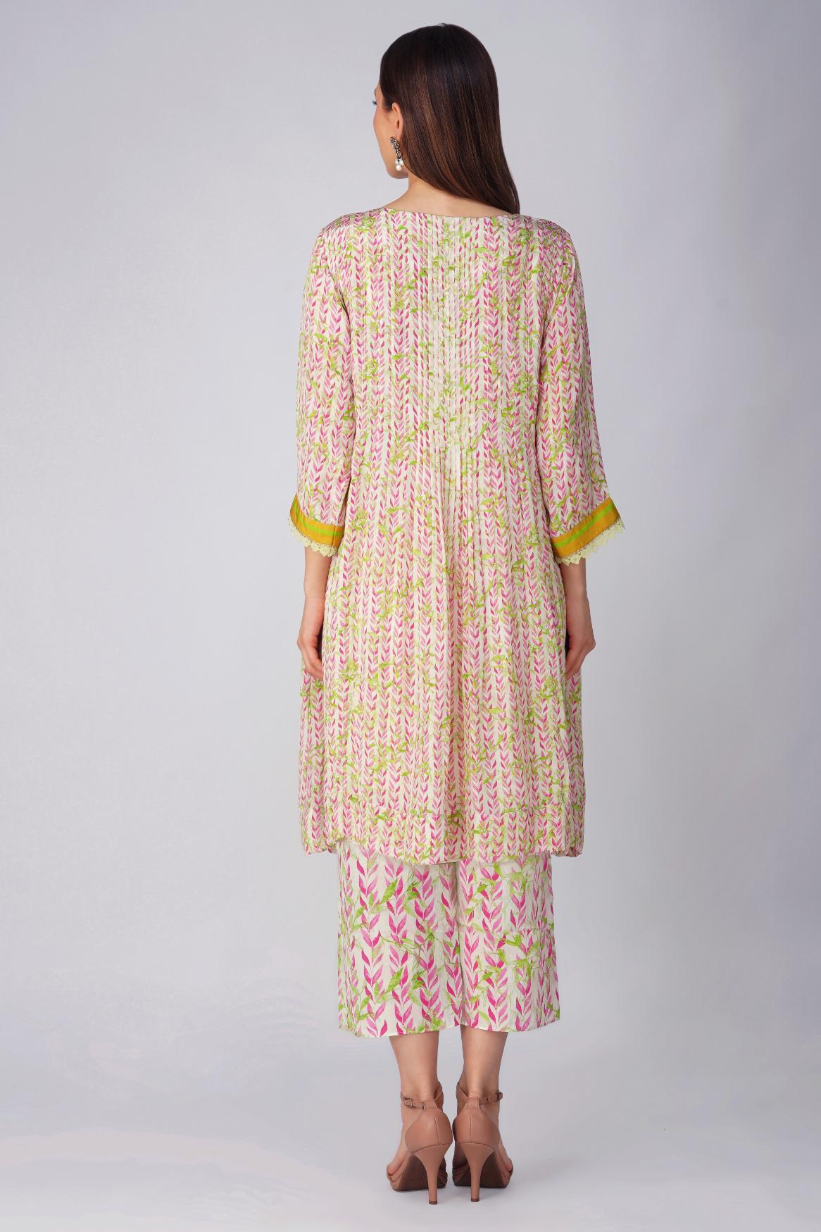 PINK LEAF PLEATED TUNIC SET