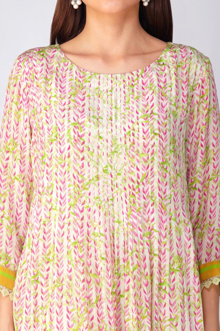 PINK LEAF PLEATED TUNIC SET