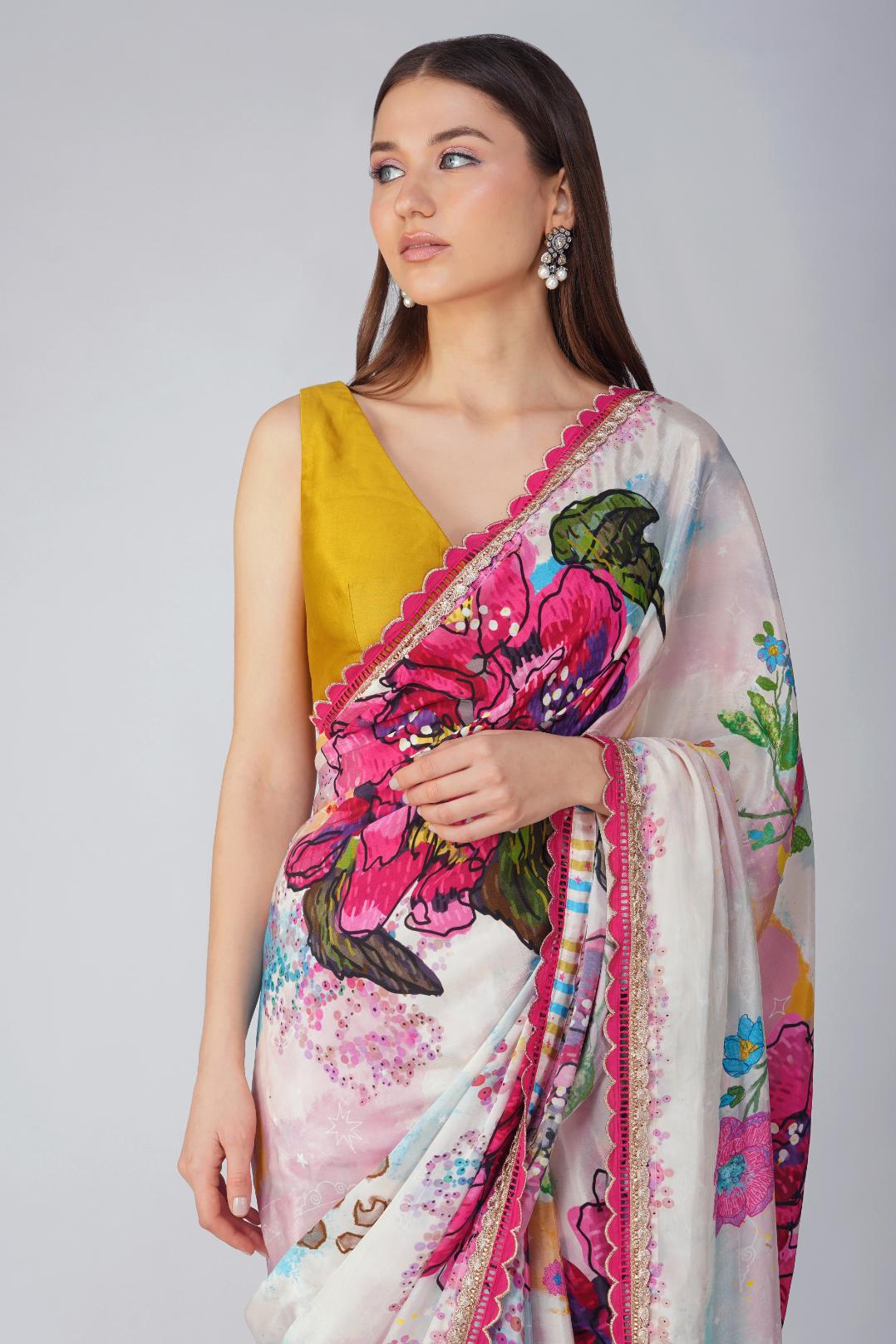 BIG FLOWER PRINTED SAREE SET