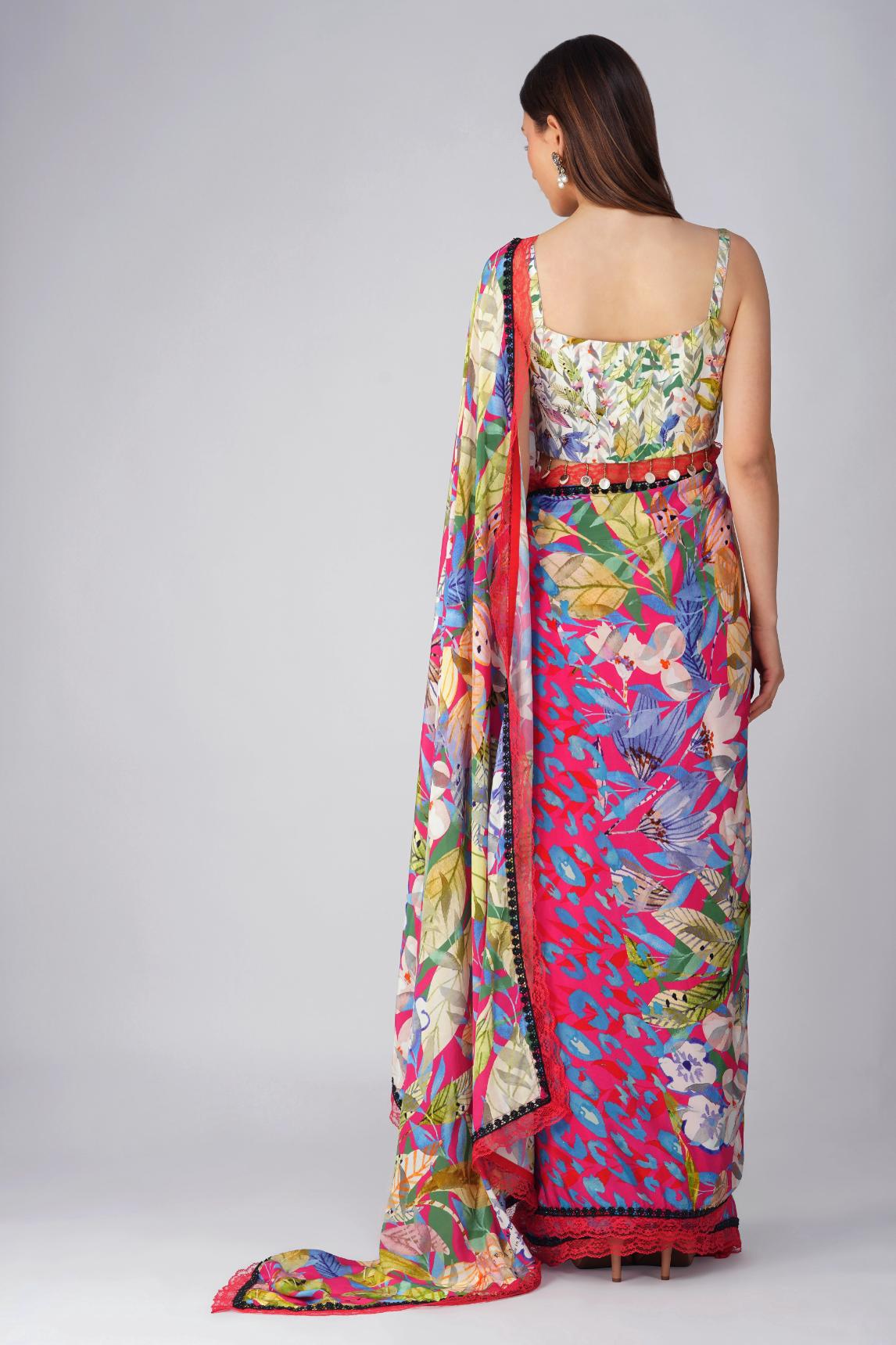 MULTI LEAF PRINTED SAREE SET