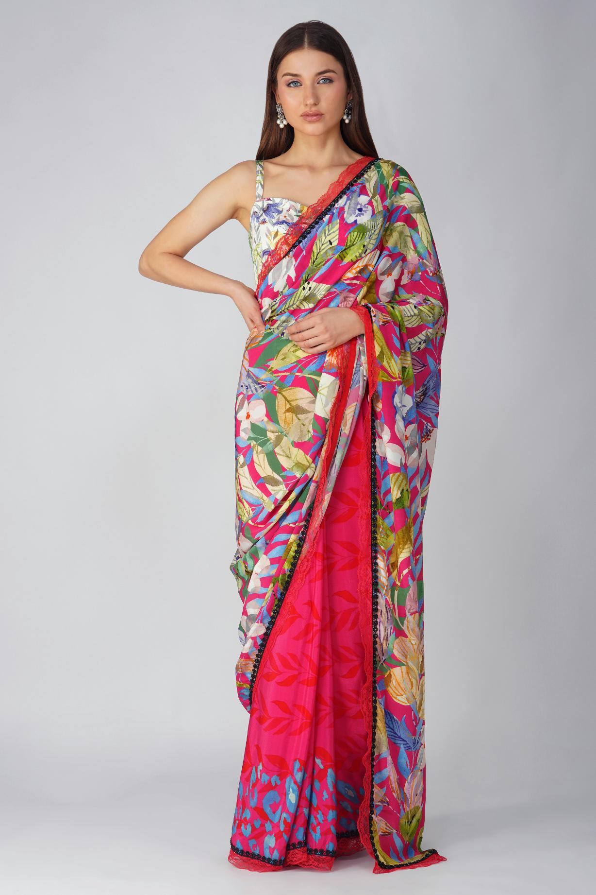 MULTI LEAF PRINTED SAREE SET