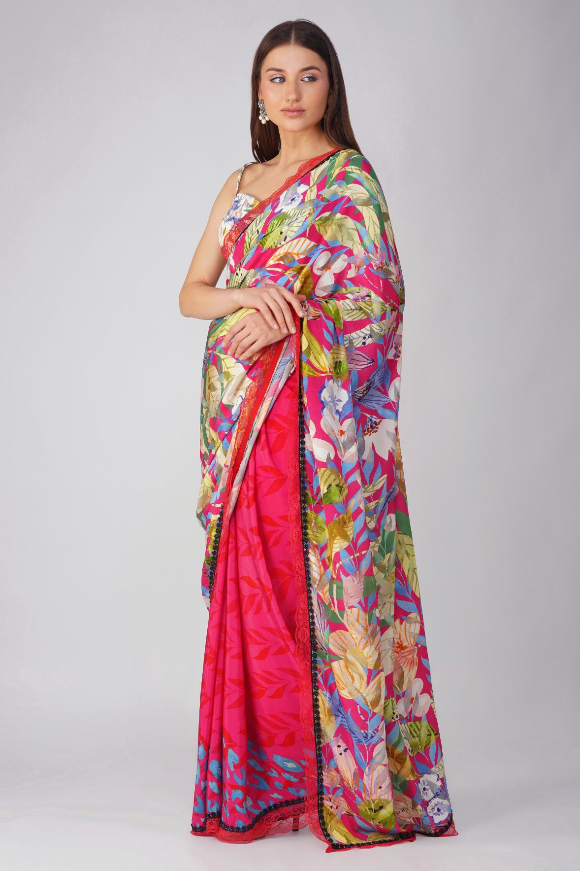 MULTI LEAF PRINTED SAREE SET