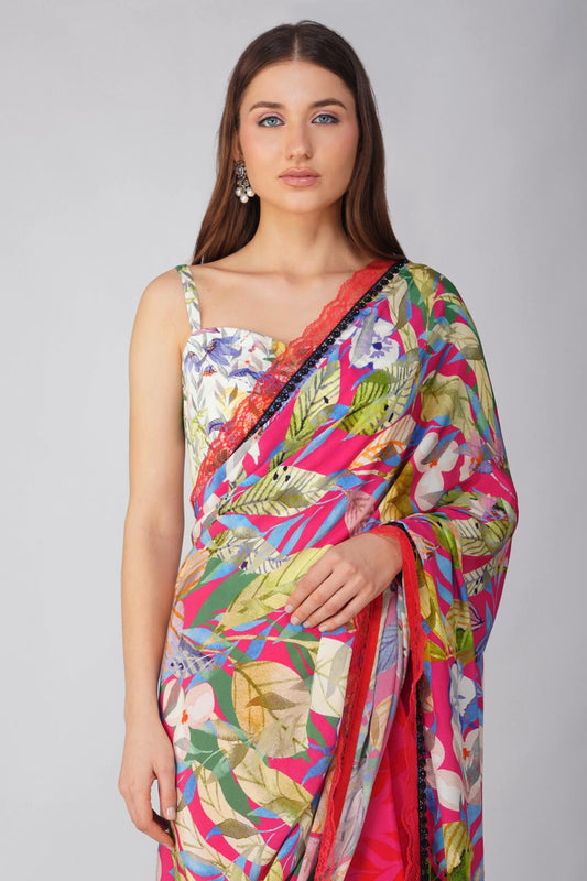 MULTI LEAF PRINTED SAREE SET