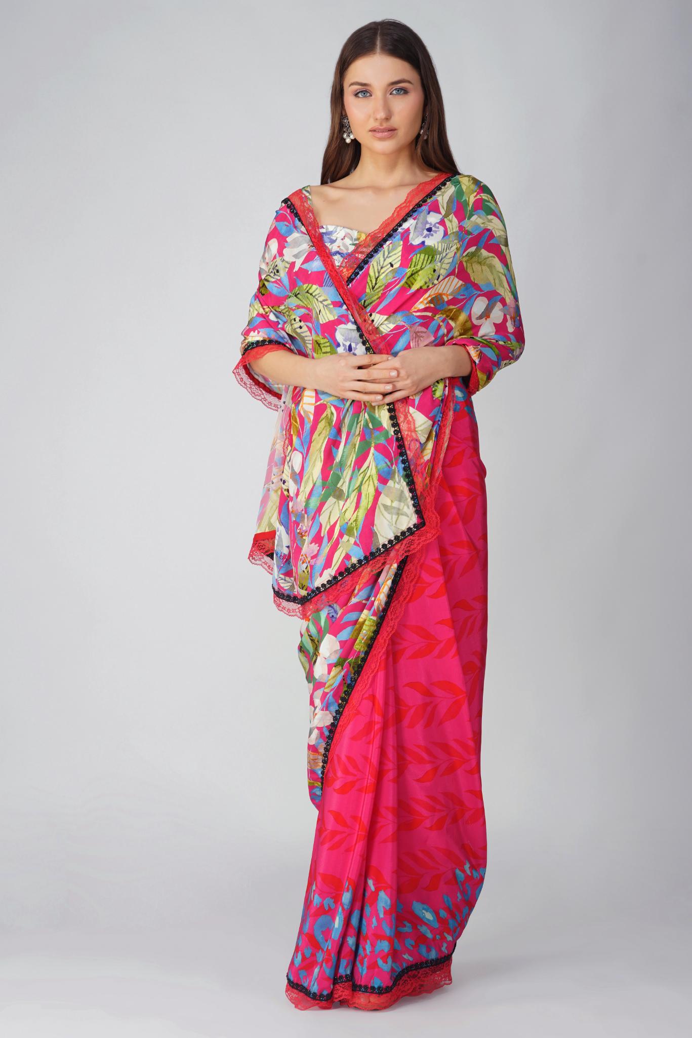 MULTI LEAF PRINTED SAREE SET