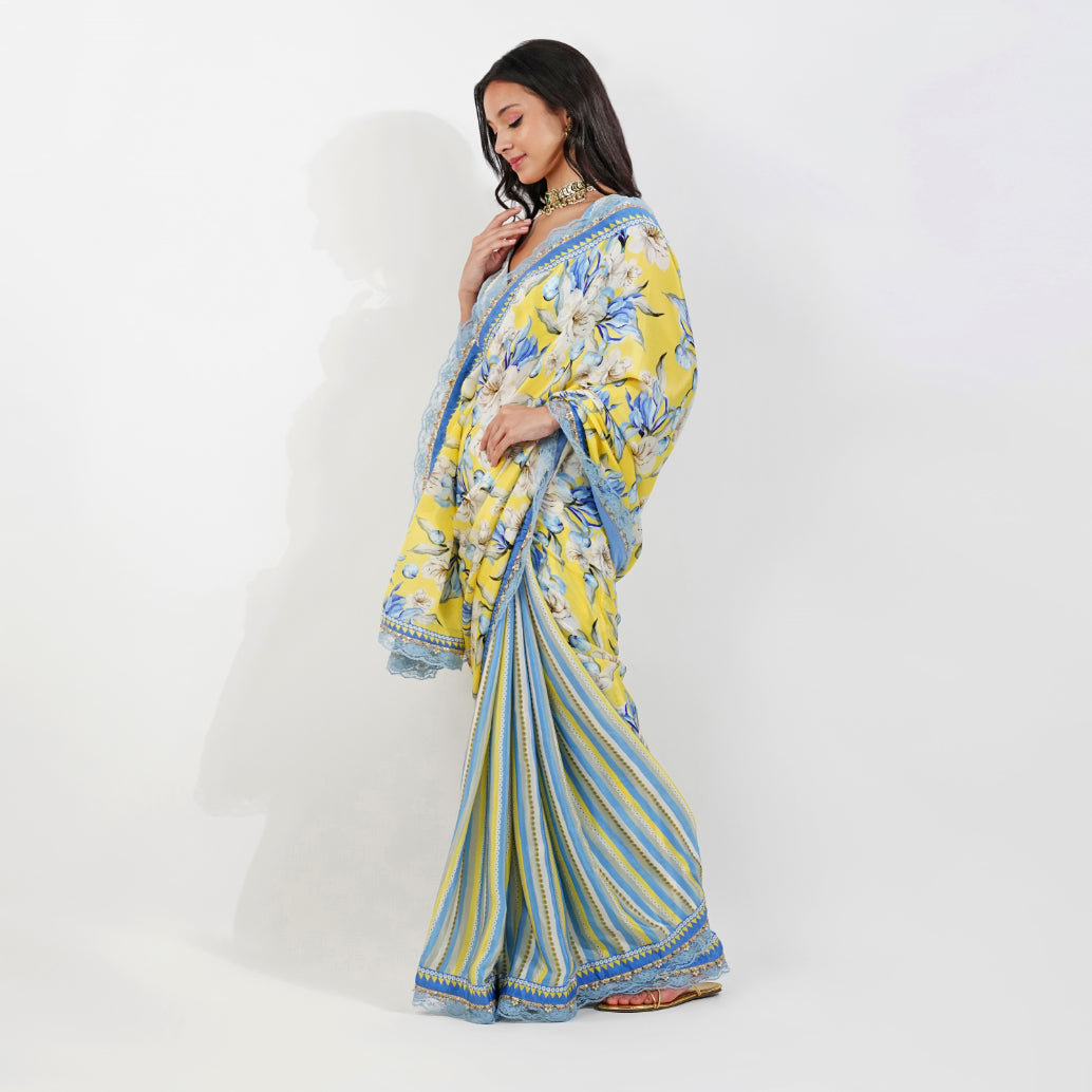 vintage Floral Crepe saree-Yellow