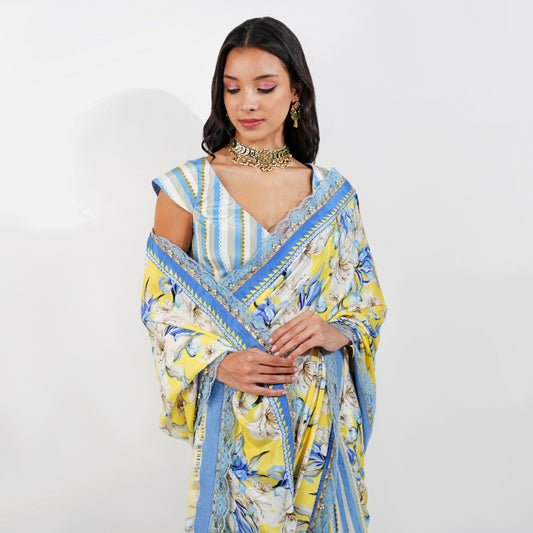 vintage Floral Crepe saree-Yellow