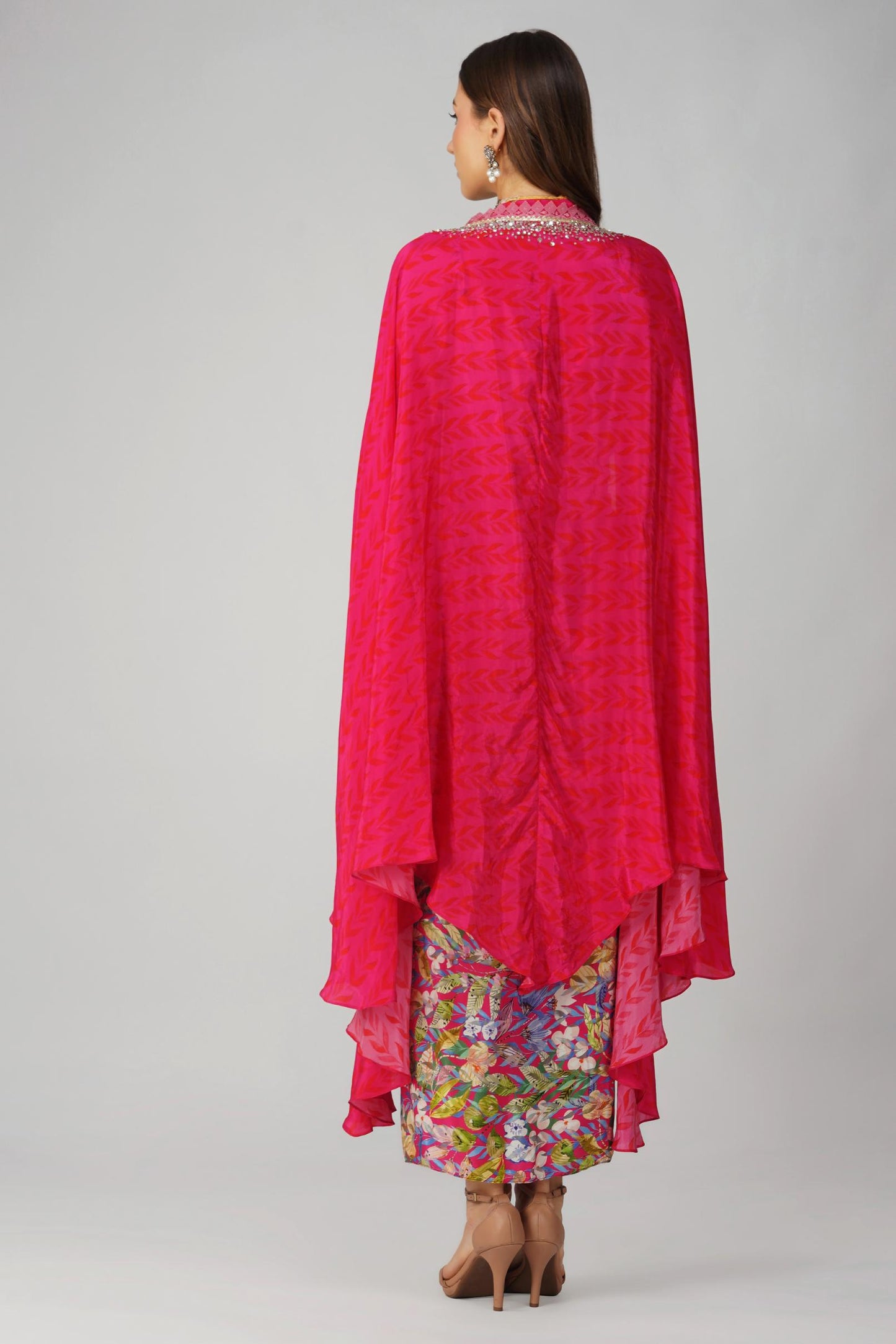 MULTI LEAF PRINT DRAPE SKIRT SET