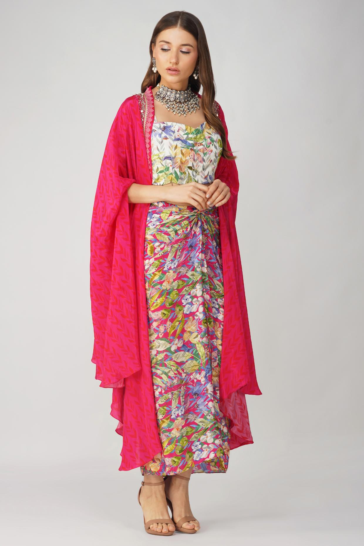 MULTI LEAF PRINT DRAPE SKIRT SET