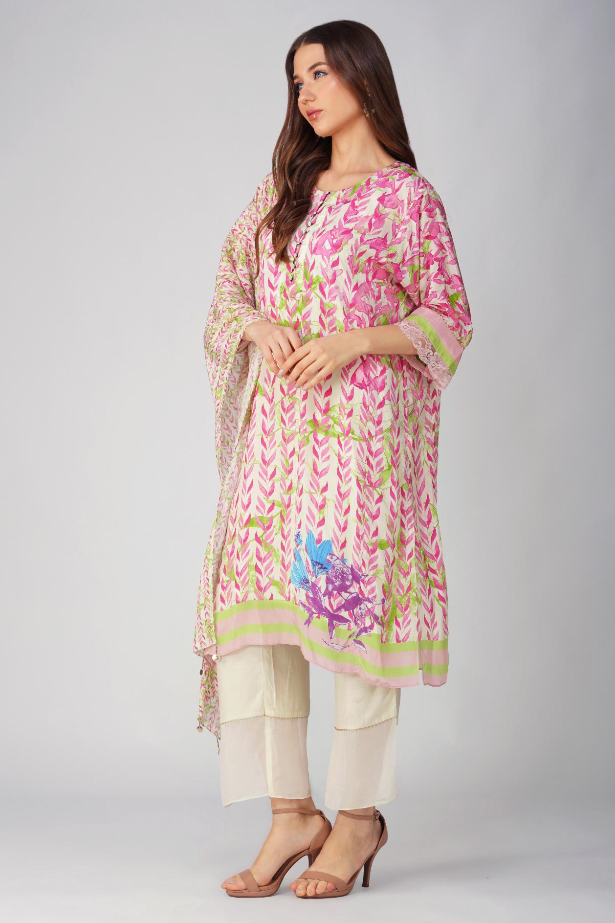 PINK LEAF PRINTED KURTA SET