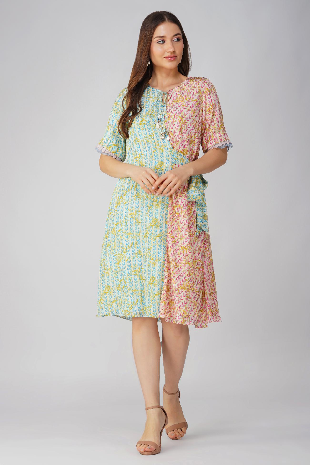 LEAF PRINTED ASYMMETRICAL DRESS