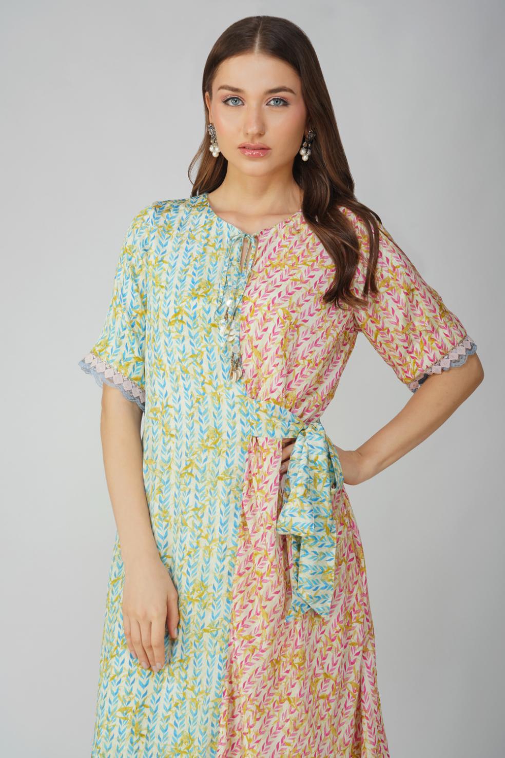 LEAF PRINTED ASYMMETRICAL DRESS