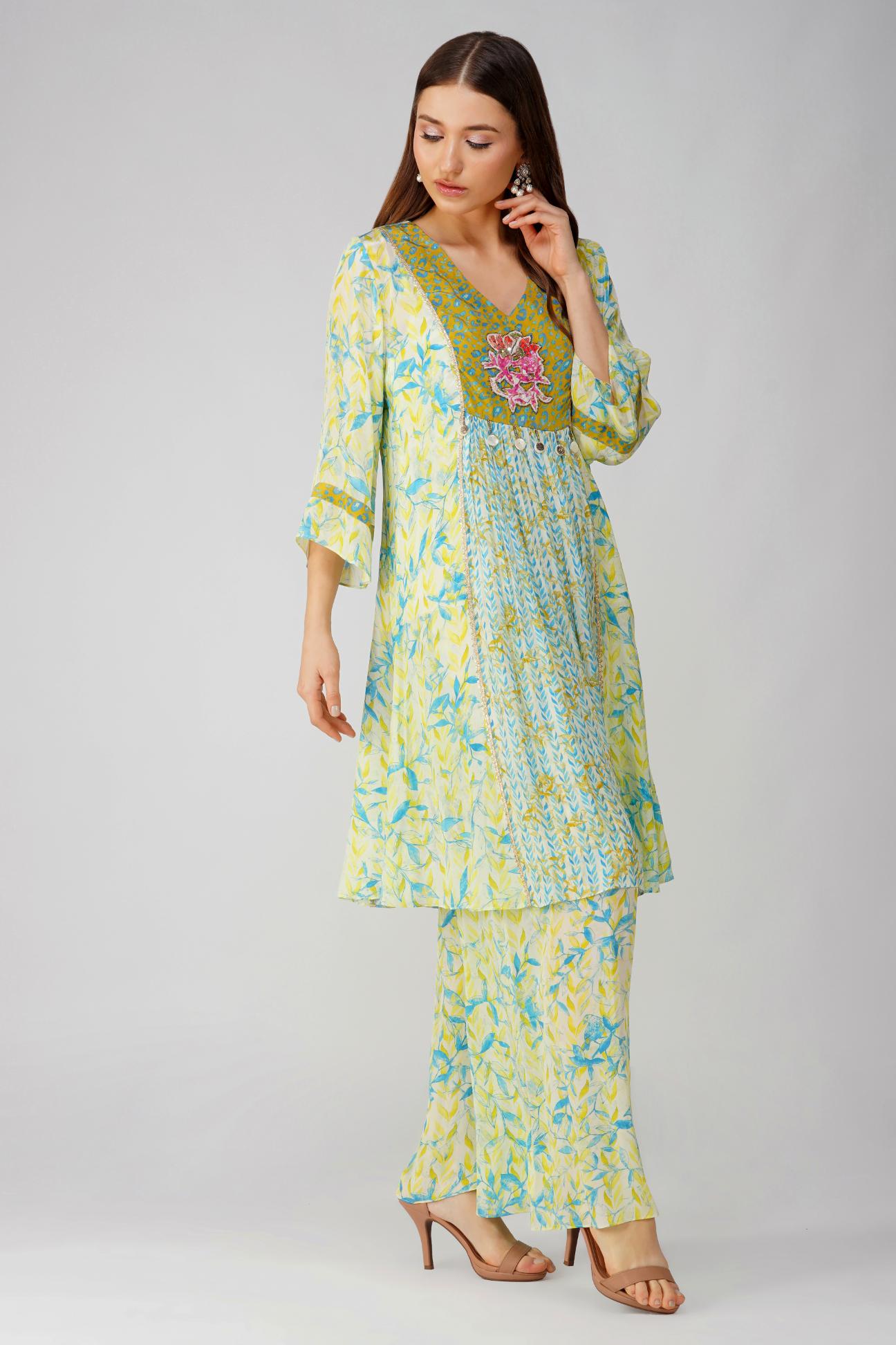LEAF PRINT PANELLED TUNIC SET