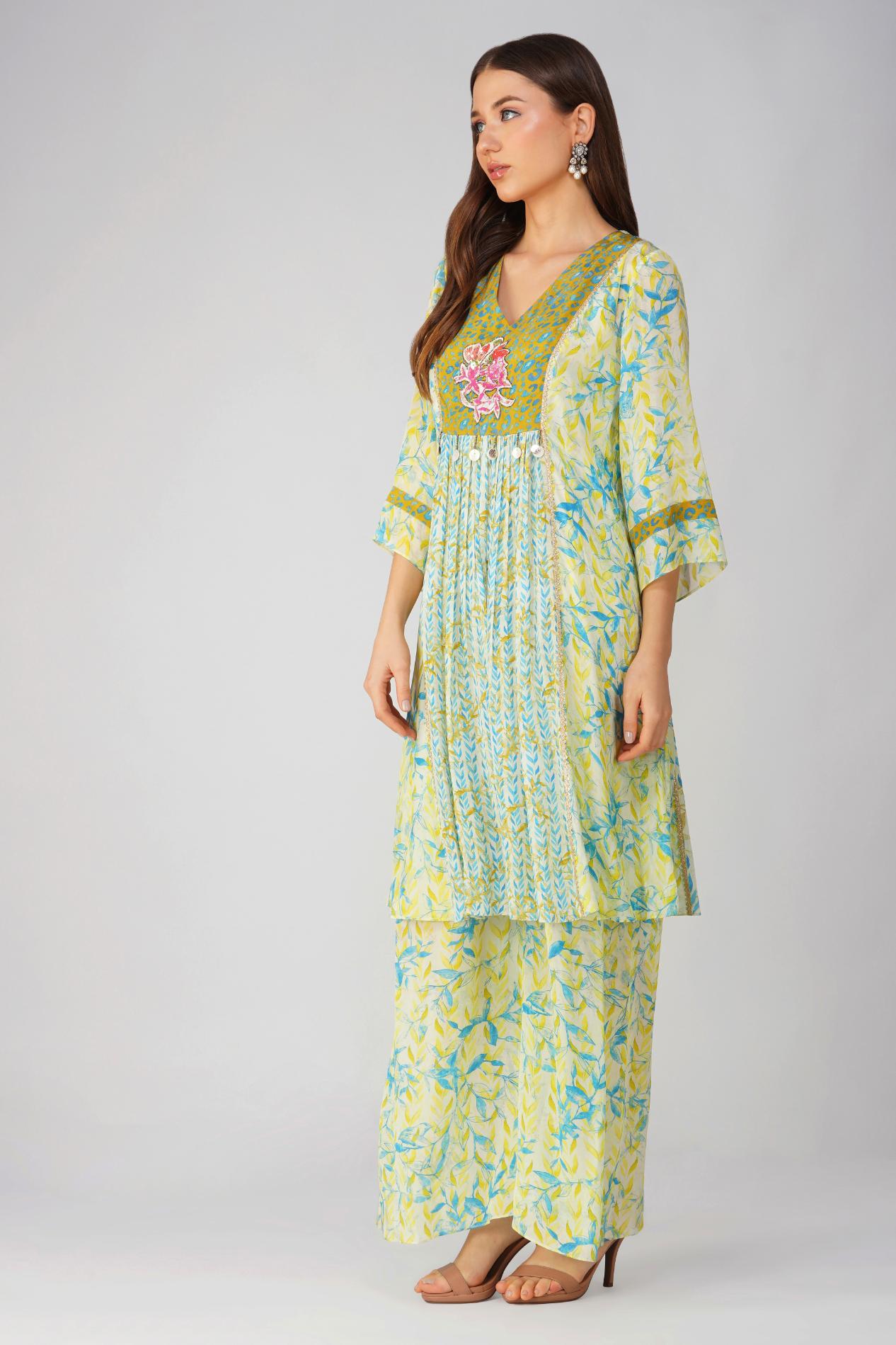 LEAF PRINT PANELLED TUNIC SET