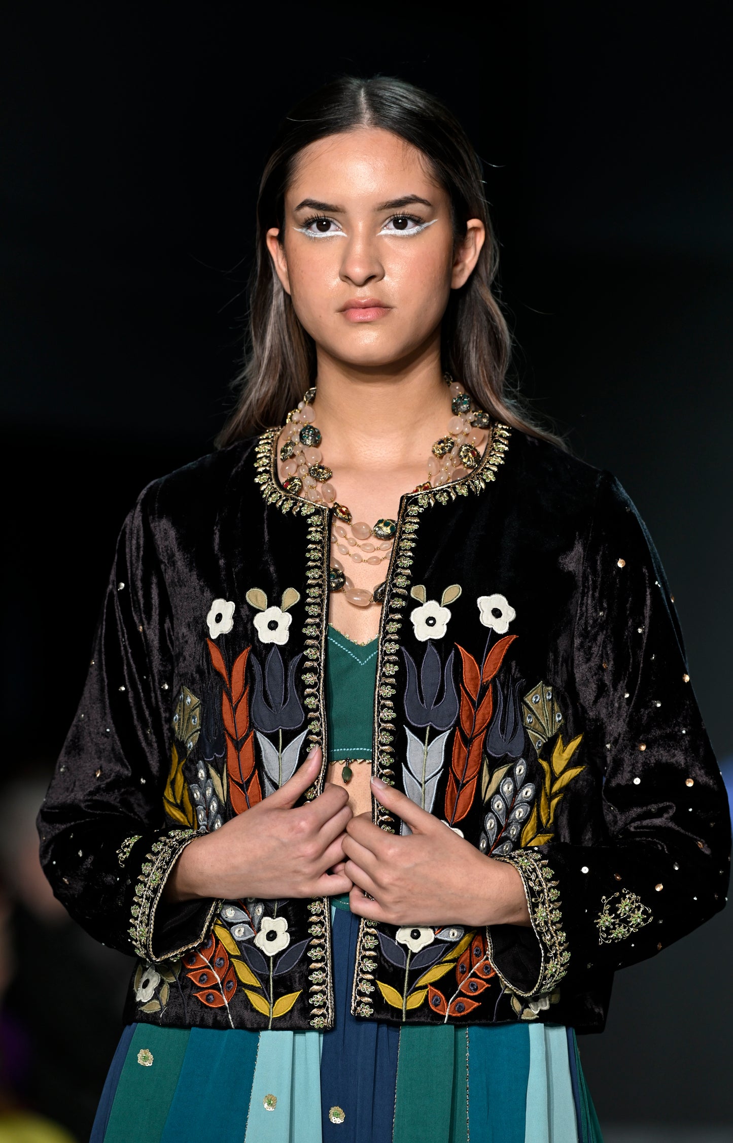 MULTI-COLOUR SHARARA SET WITH SHORT APPLIQUE JACKET