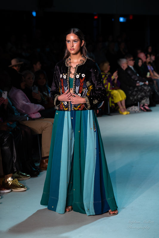 MULTI-COLOUR SHARARA SET WITH SHORT APPLIQUE JACKET