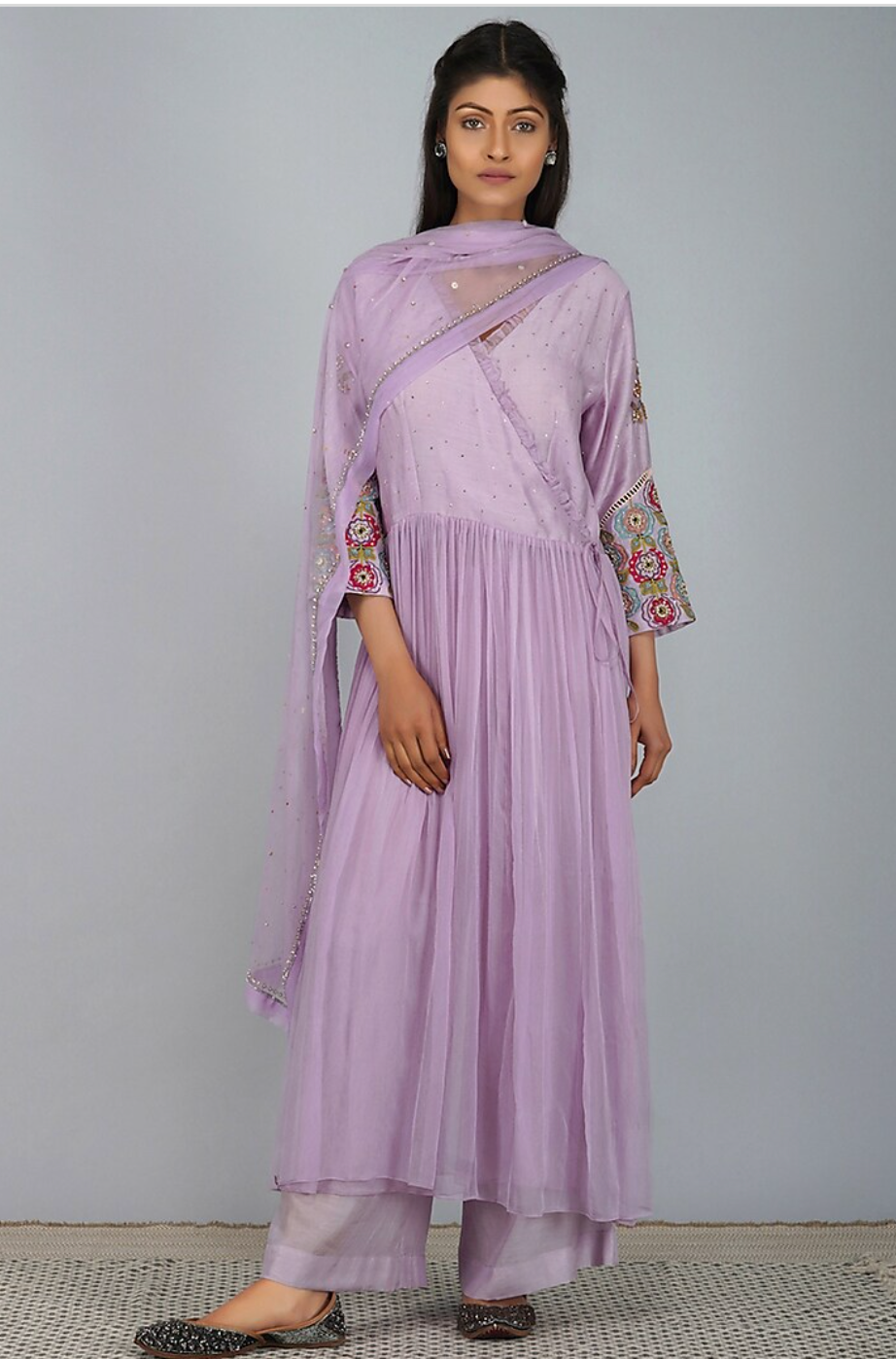 Lavender Applique Sleeves Angrakha Set