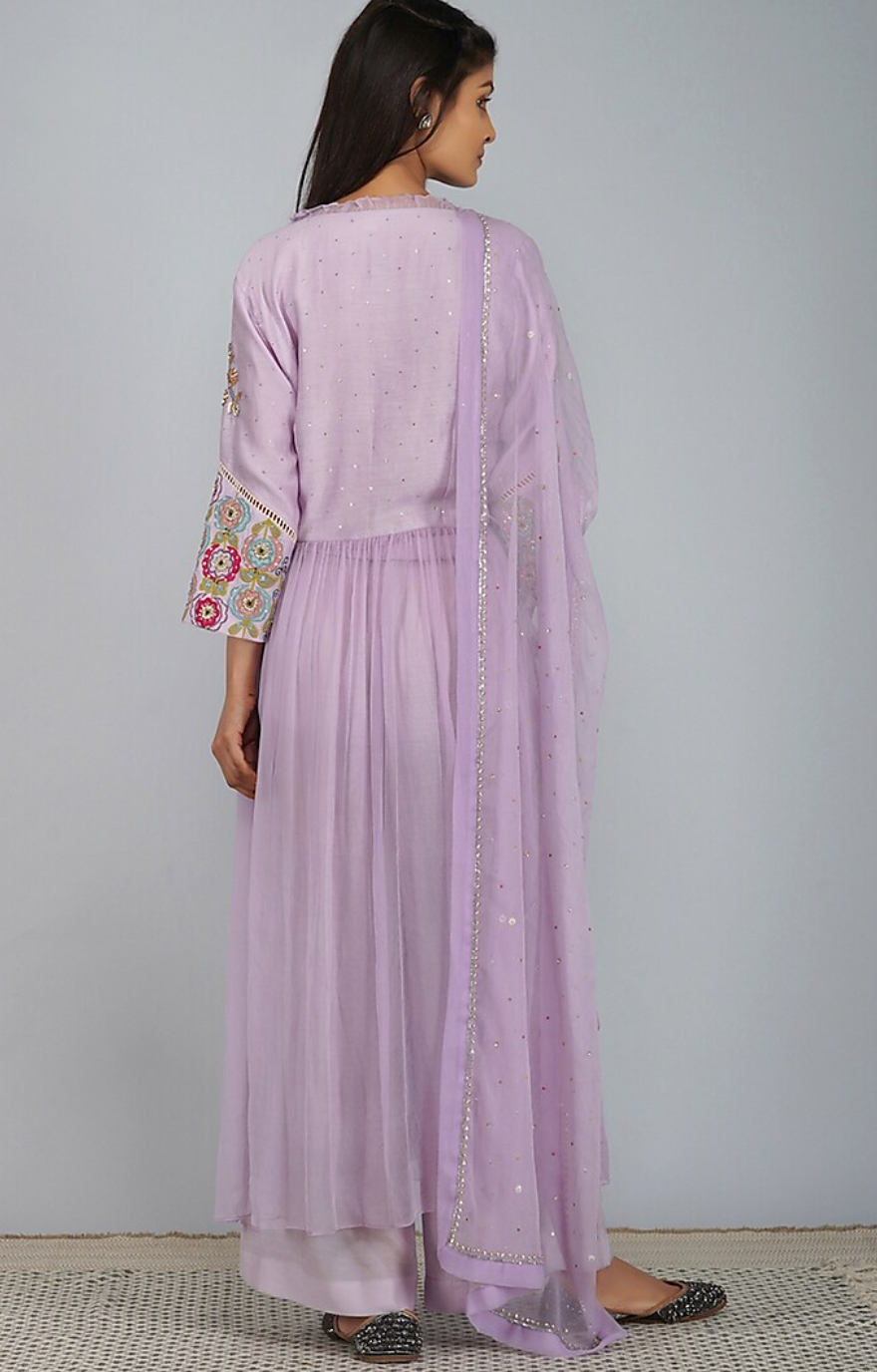 Lavender Applique Sleeves Angrakha Set