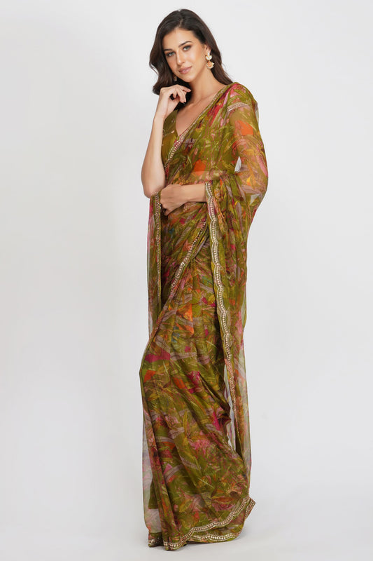 LEAF PRINT SAREE SET