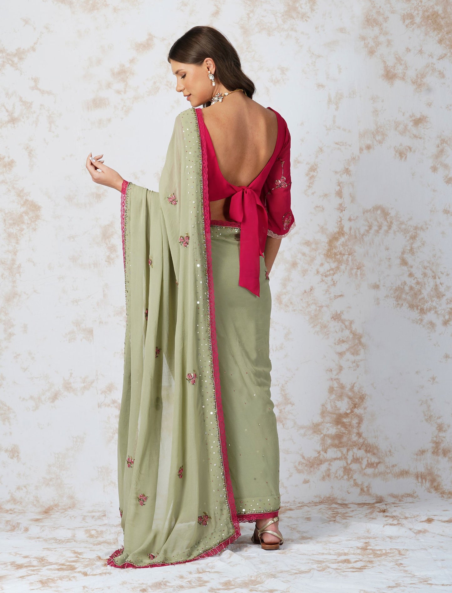 BEADED FLOWER SAREE WITH CONTRAST BLOUSE