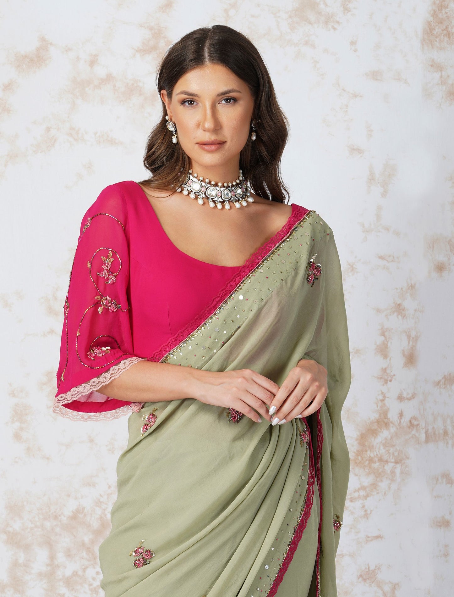 BEADED FLOWER SAREE WITH CONTRAST BLOUSE