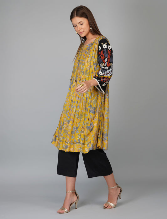 FLOWER PRINT PLEATED TUNIC SET WITH APPLIQUE SLEEVES