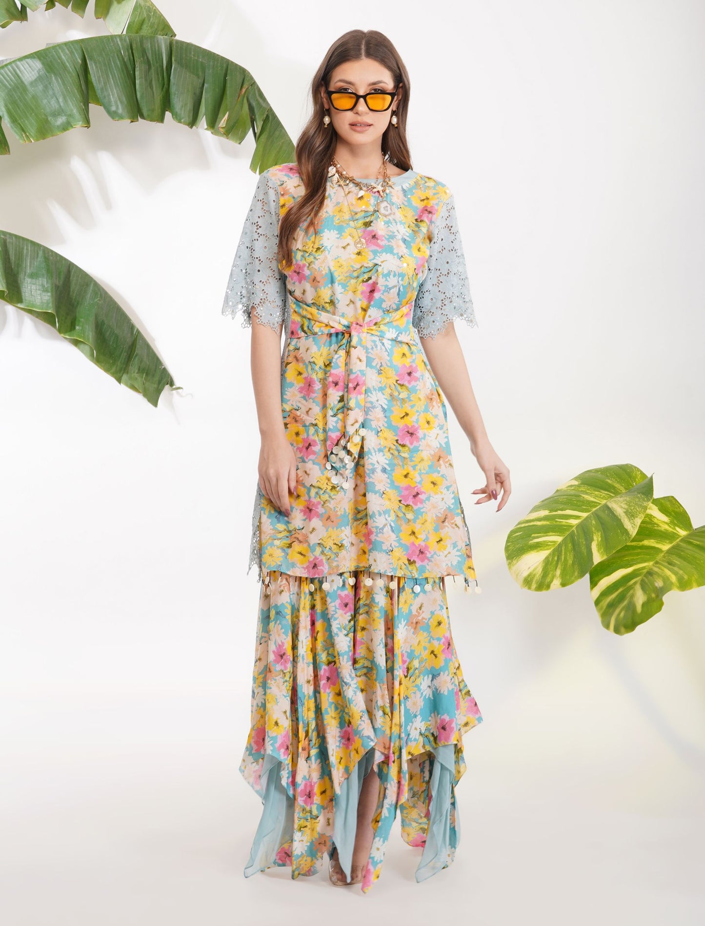 SUMMER PRINT BELTED GARARA SET