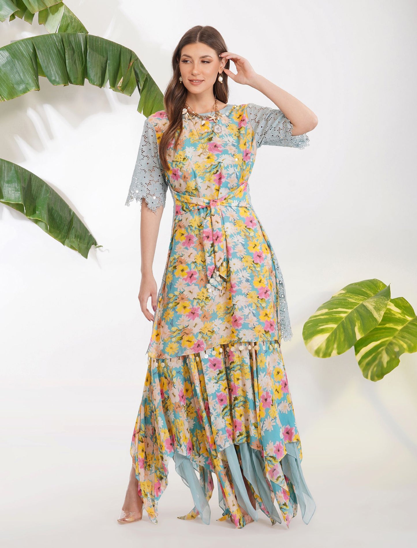 SUMMER PRINT BELTED GARARA SET
