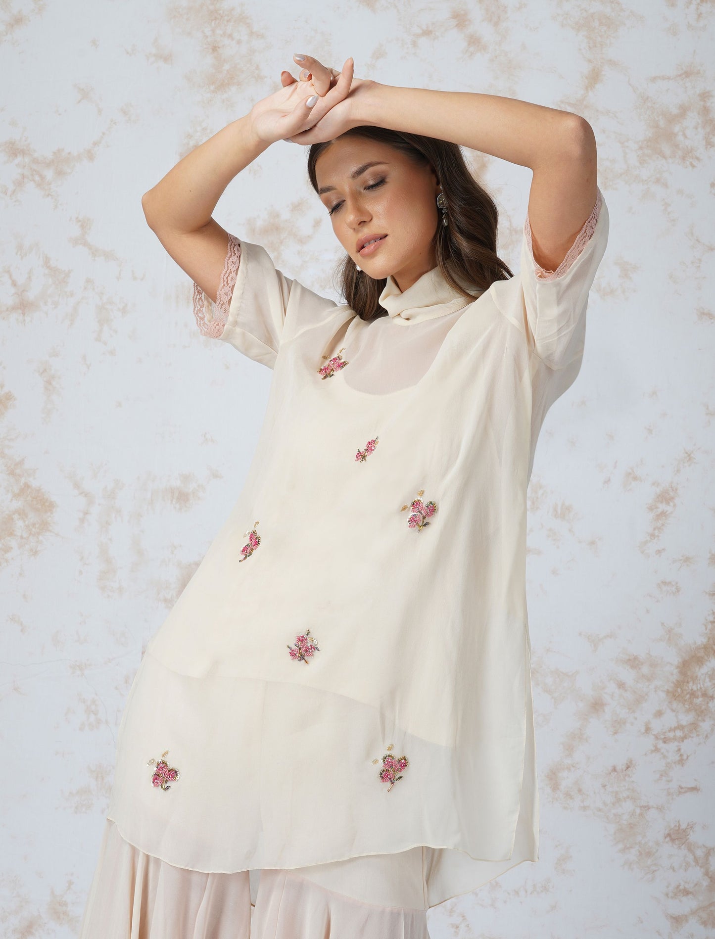 BEADED FLOWER HIGH NECK TUNIC SET