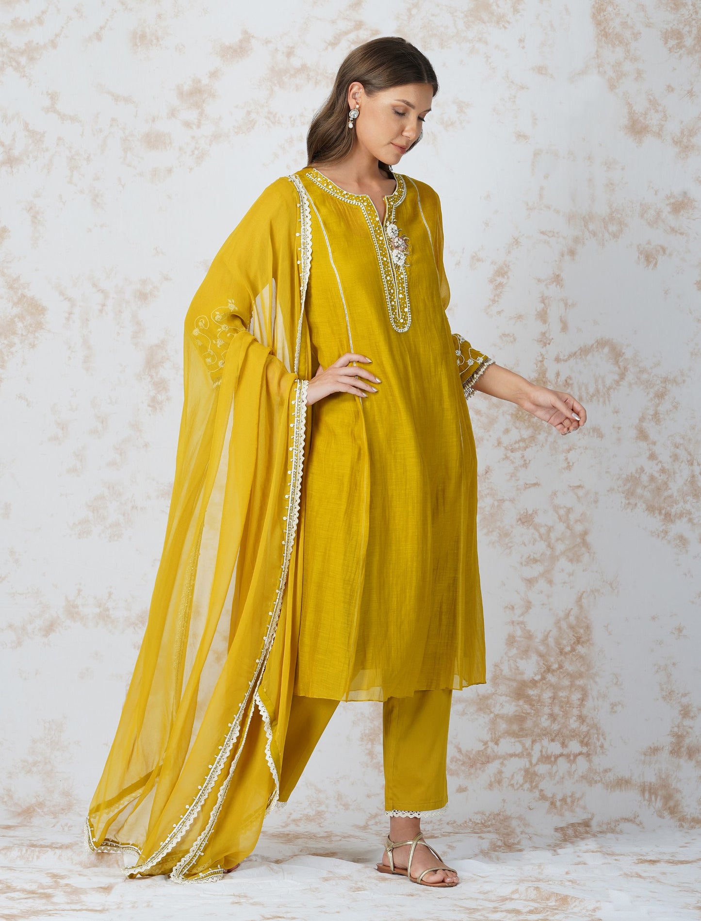 BAROQUE FLOWER MUSTARD KURTA SET