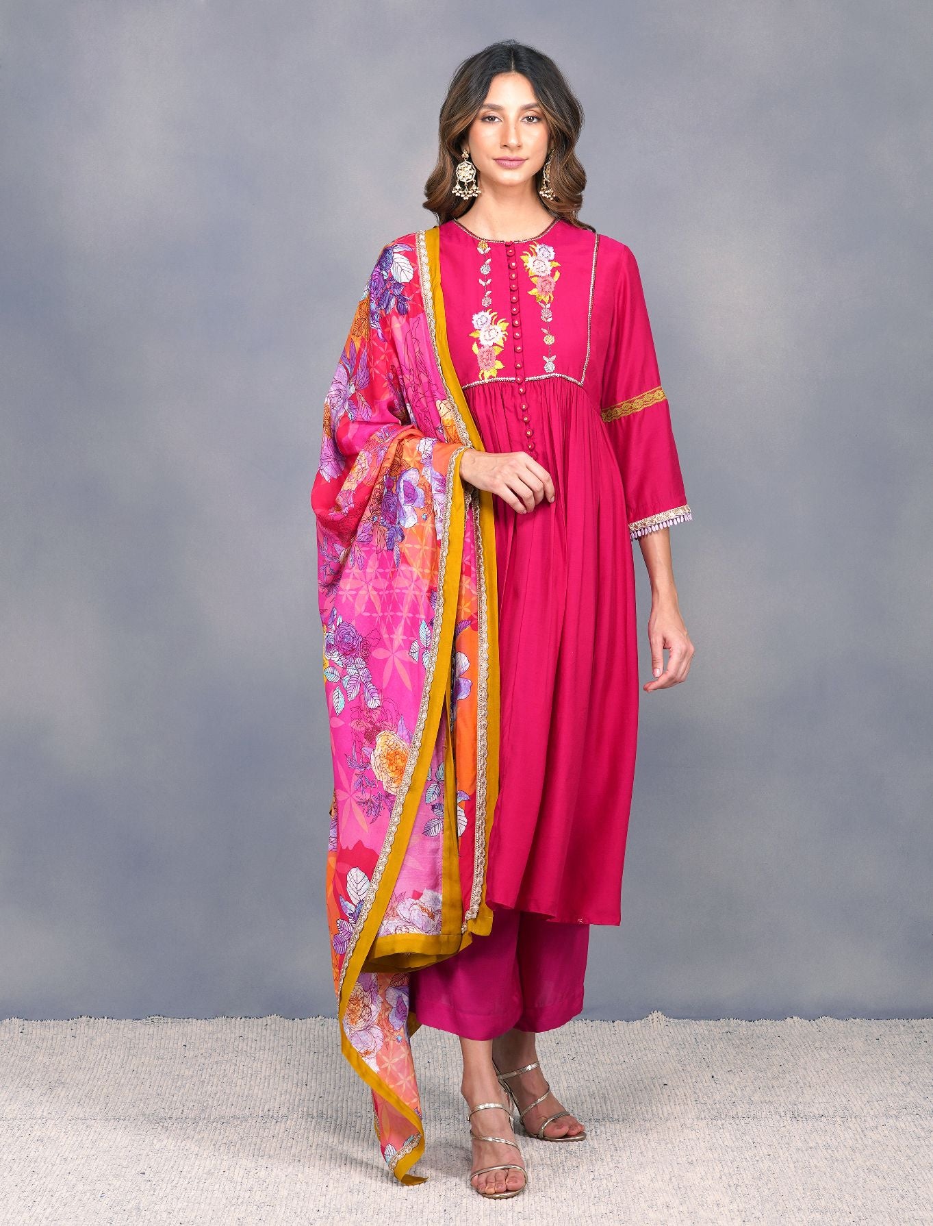 BAROQUE FLOWER ANARKALI WITH BIG PRINT DUPATTA