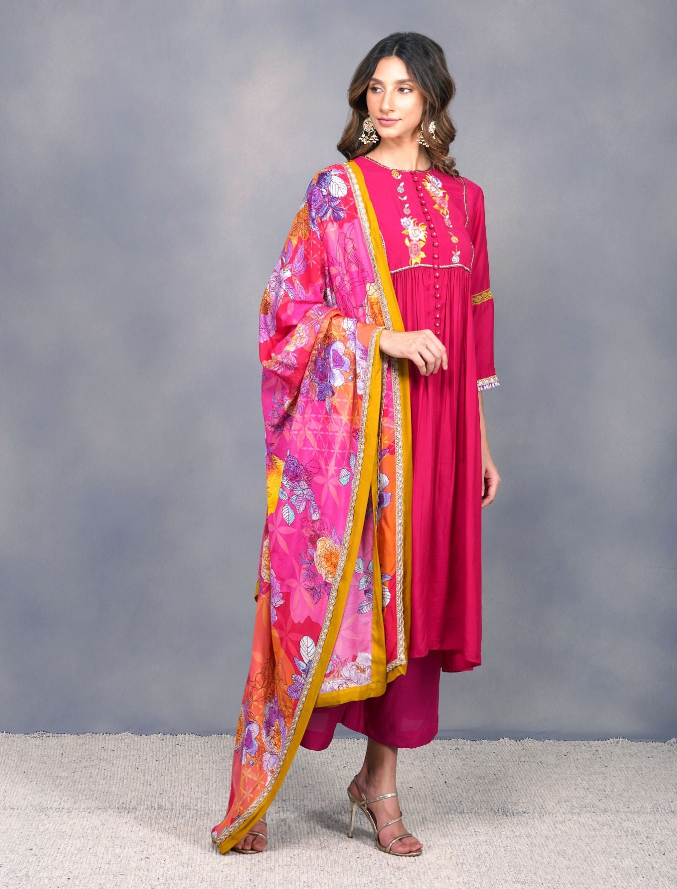 BAROQUE FLOWER ANARKALI WITH BIG PRINT DUPATTA