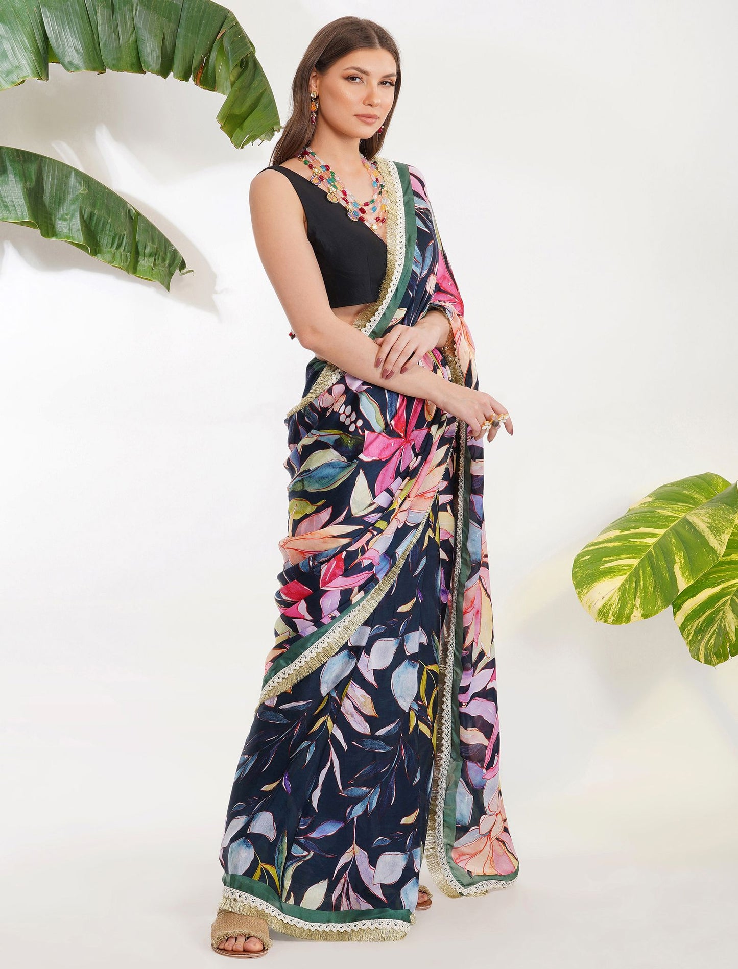 TROPICAL FLOWER PRINTED SAREE SET