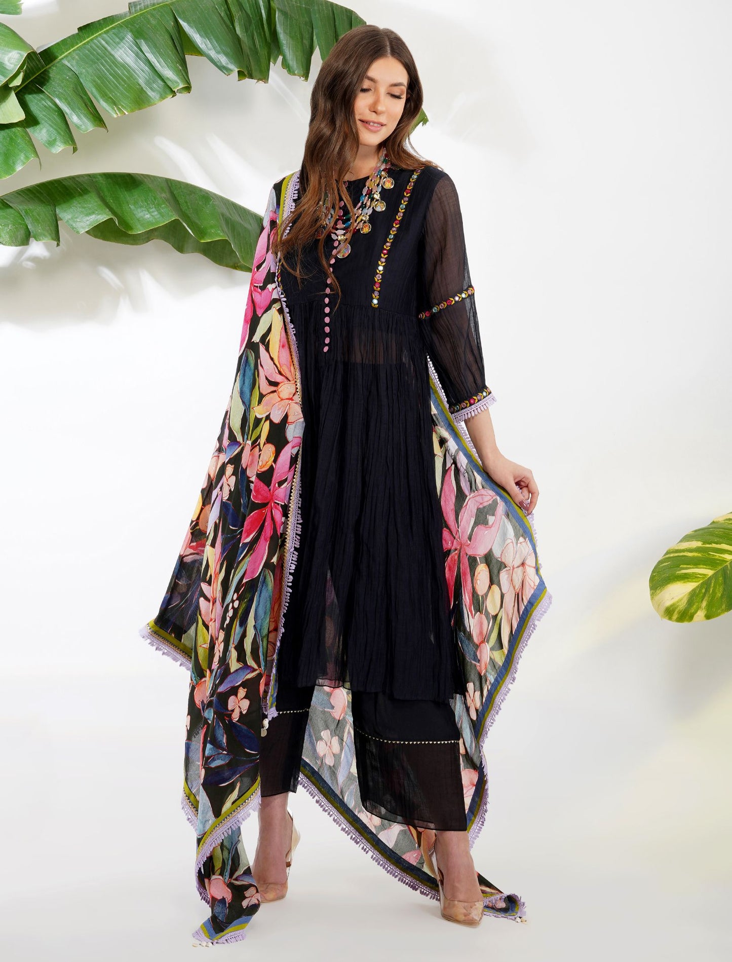 ANARKALI WITH TROPICAL FLOWER DUPATTA