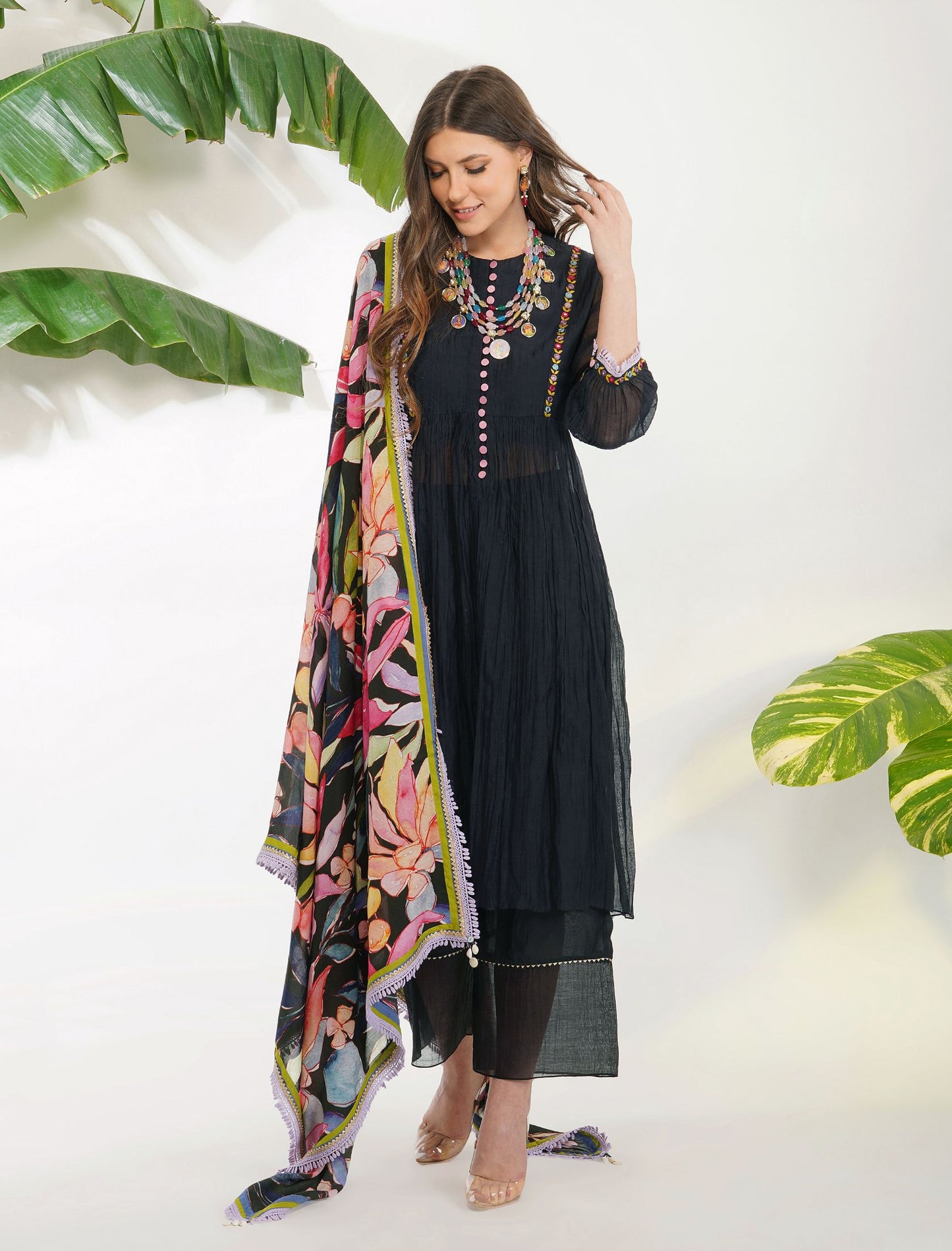 ANARKALI WITH TROPICAL FLOWER DUPATTA
