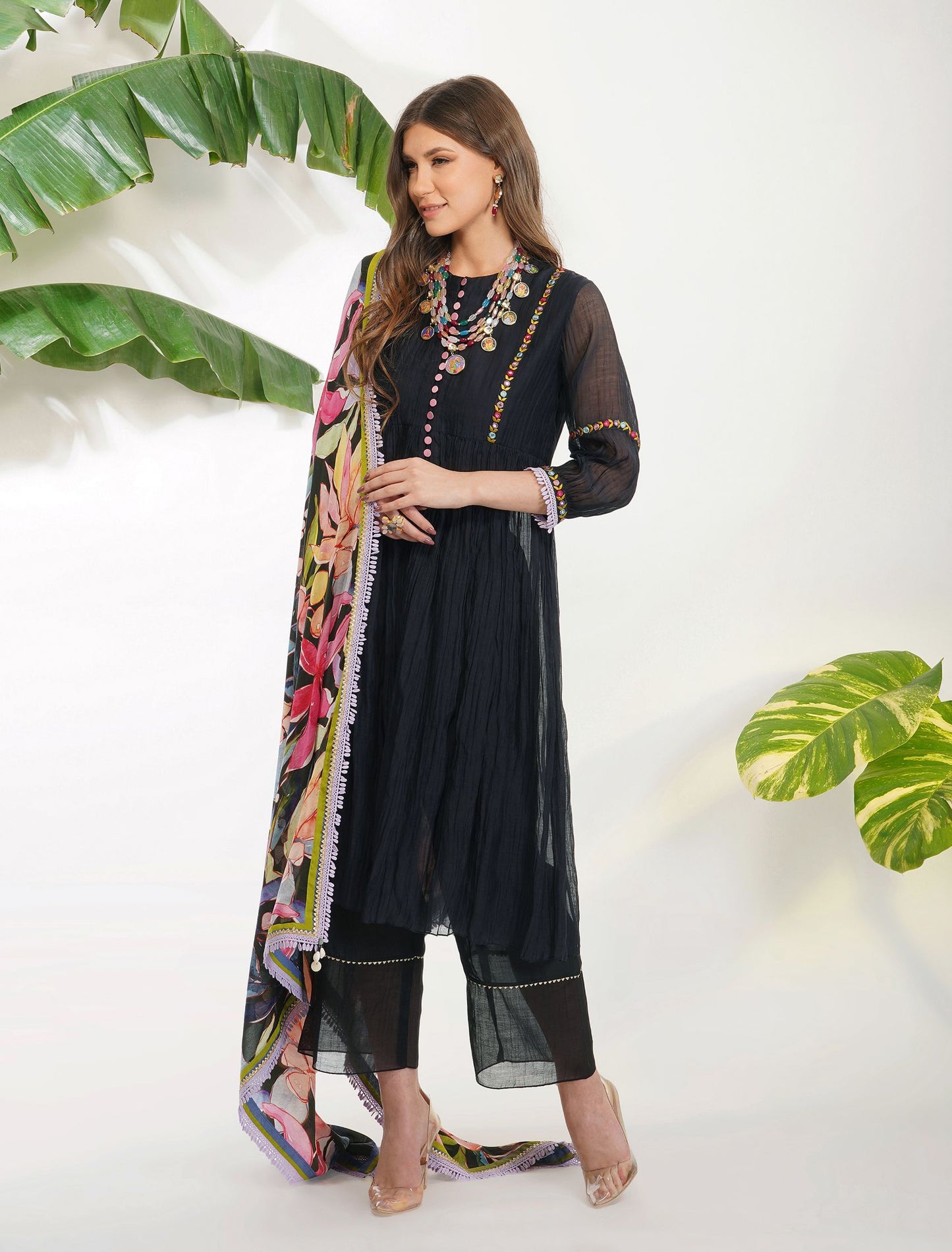 ANARKALI WITH TROPICAL FLOWER DUPATTA