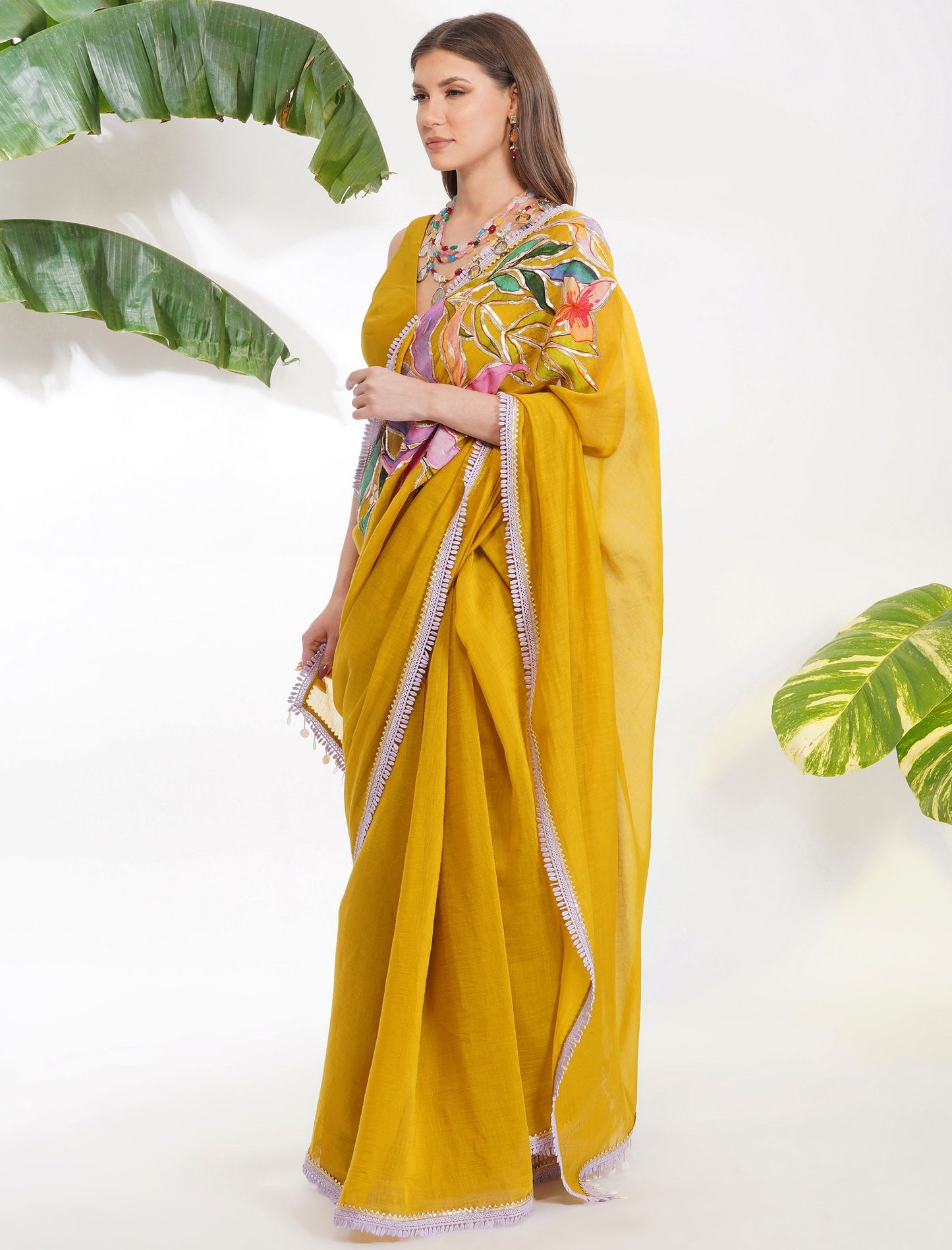 TROPICAL FLOWER APPLIQUE SAREE SET